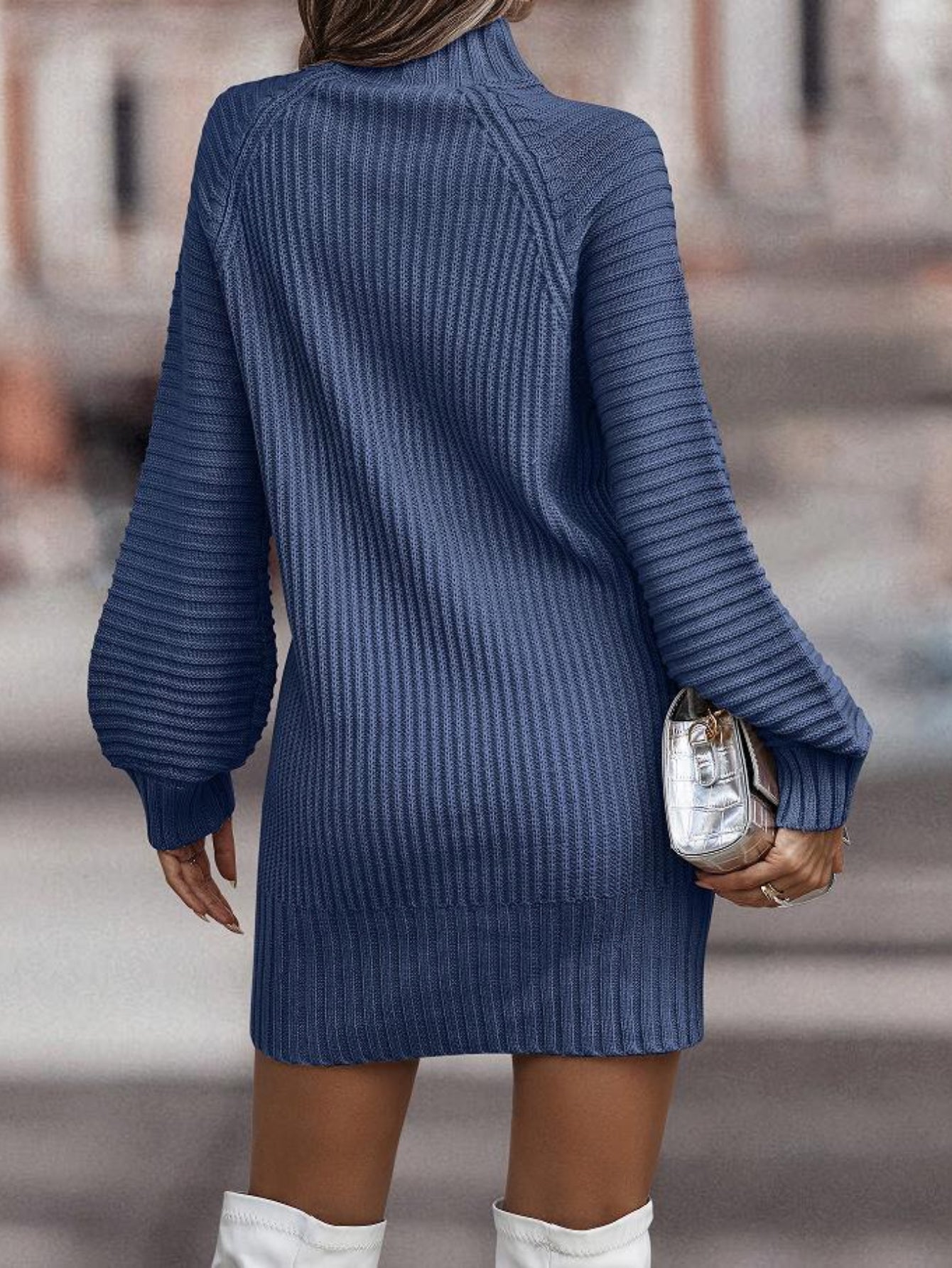 1pc Women'S Casual Acrylic Midi Sweater Dress - High Neck, Solid Color, Knit Fabric