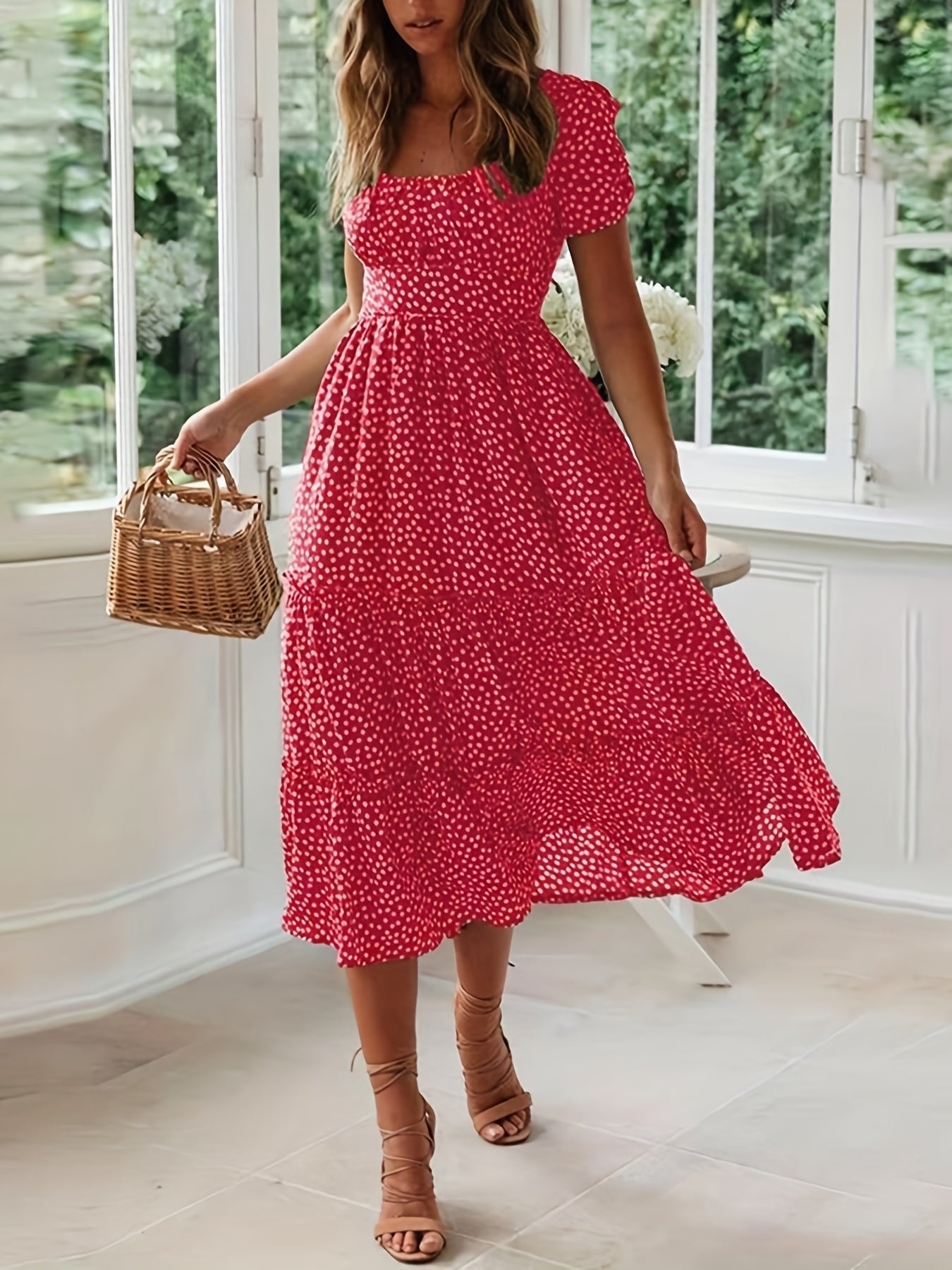 Polka Dot Ruffle Hem Dress, Casual Square Neck Short Sleeve Dress