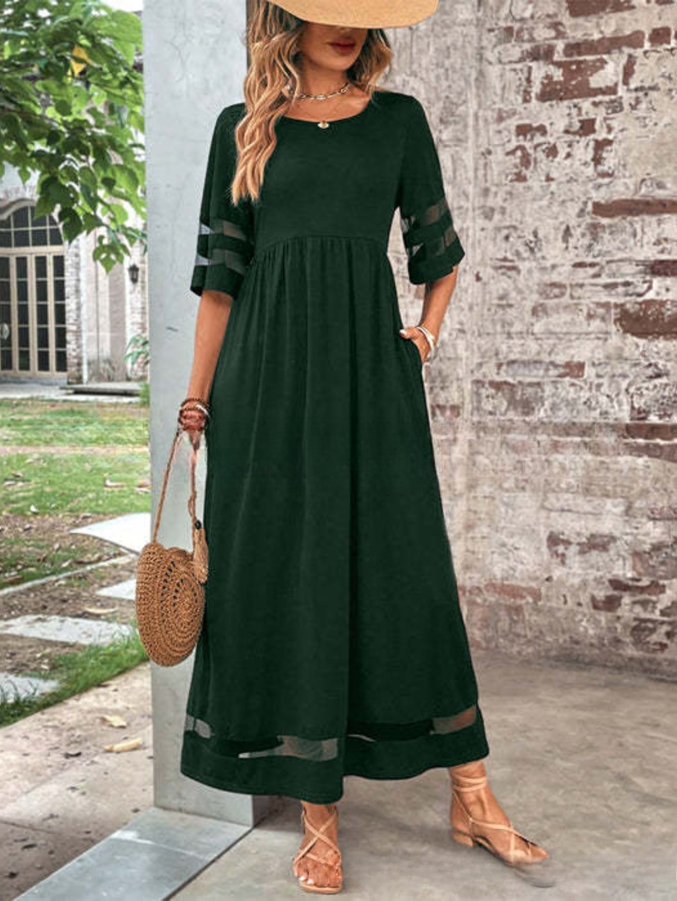 Elegant Crew Neck Solid Color Slimming Mesh Panel Maxi Dress