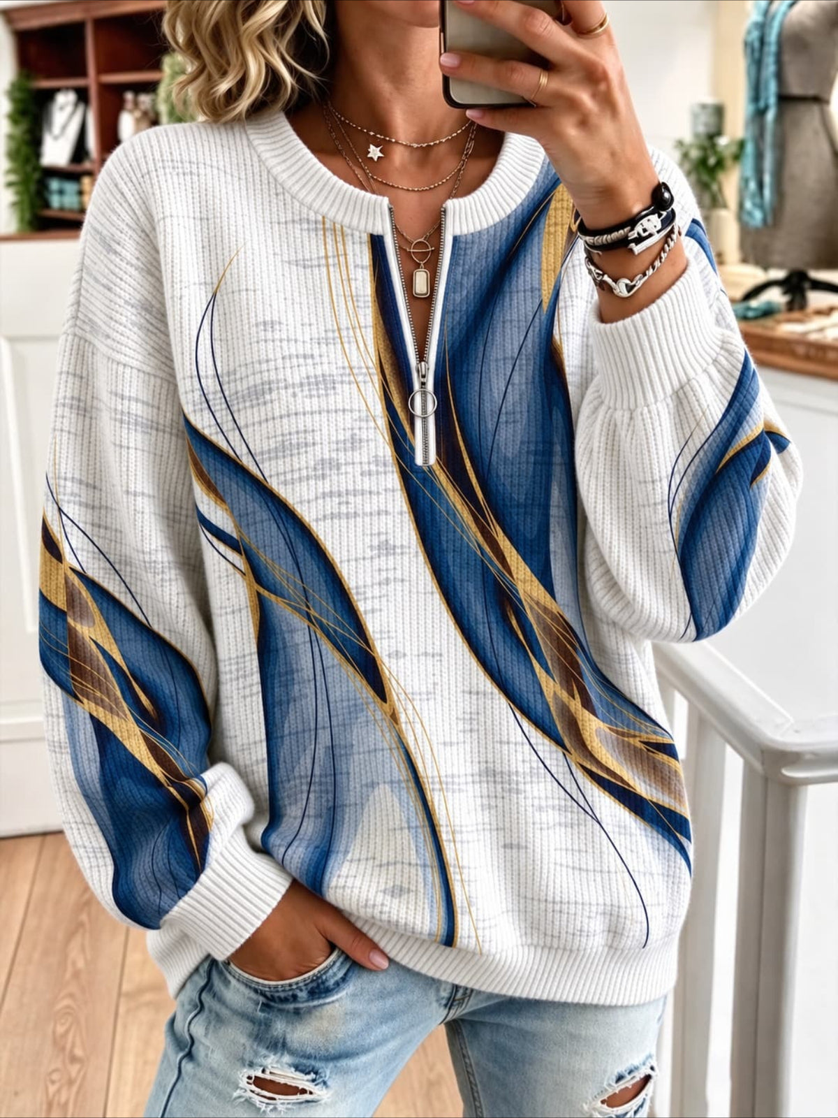 Printed Pattern Zipper Long Sleeve Pullover Sweater
