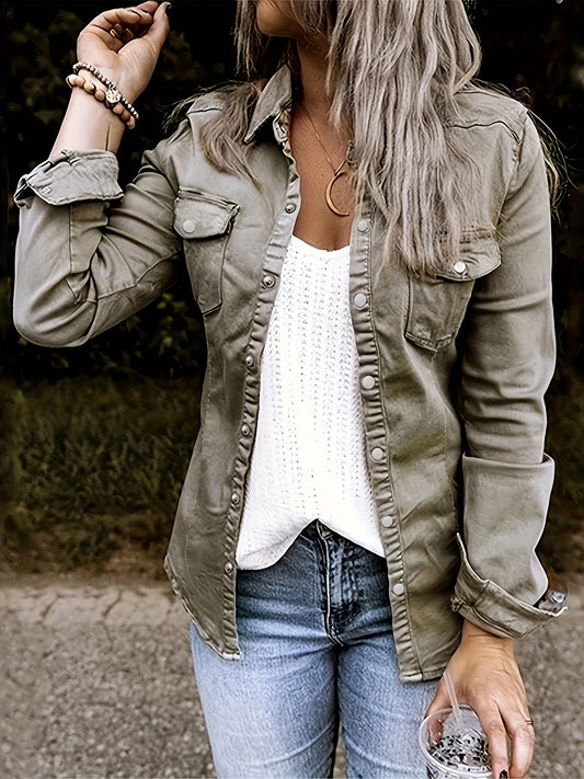 Stylish Denim Safari Top, Button Up Ruched Trim Long Sleeve Collared Shirt, Casual Light Jacket Tops