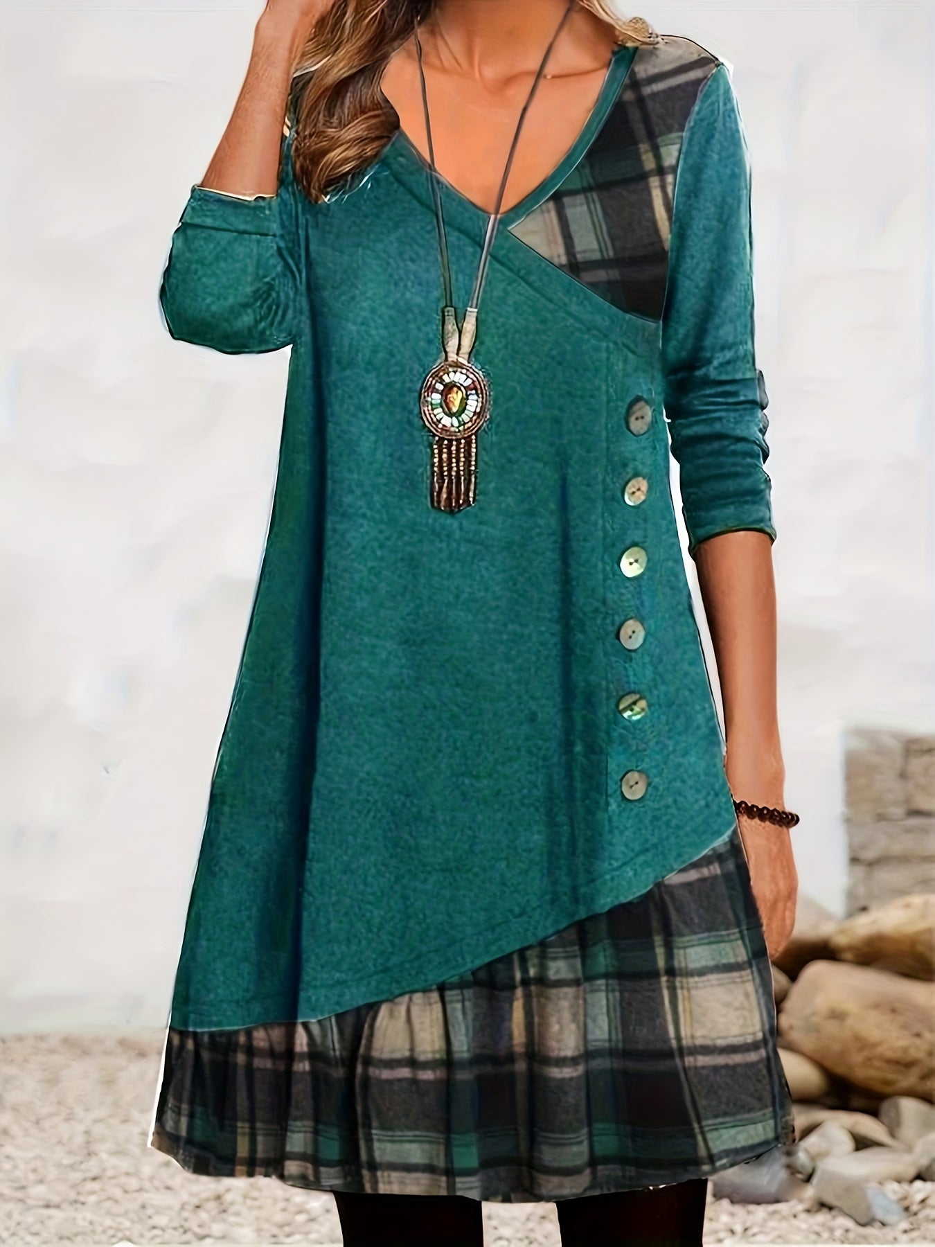 Stylish Plaid Patchwork Dress - Women's Casual Long Sleeve V Neck Ruched Asymmetrical Dresses with Button Detail