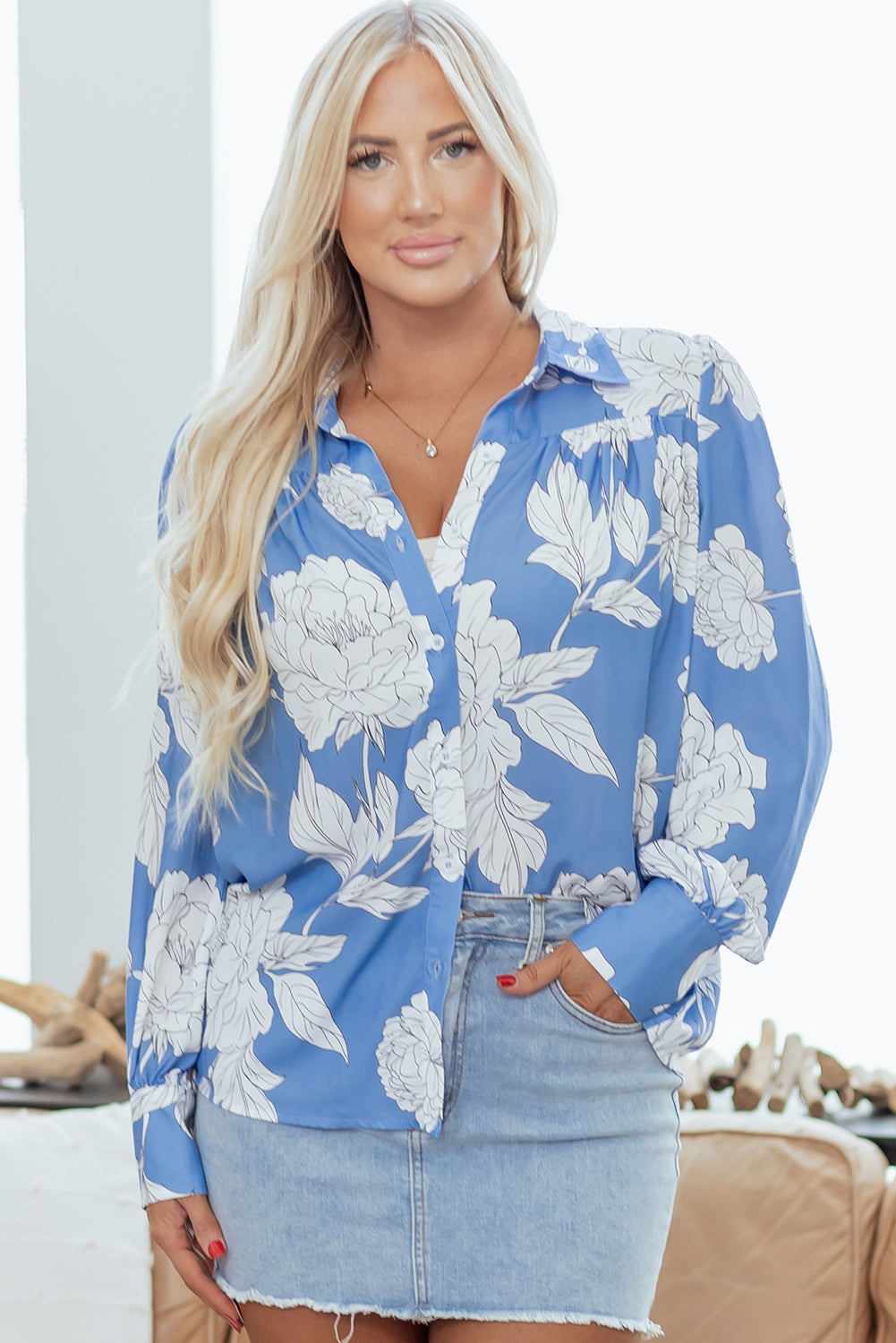 Sky Blue Floral Print Button Up Pleated Detail Puff Sleeve Shirt