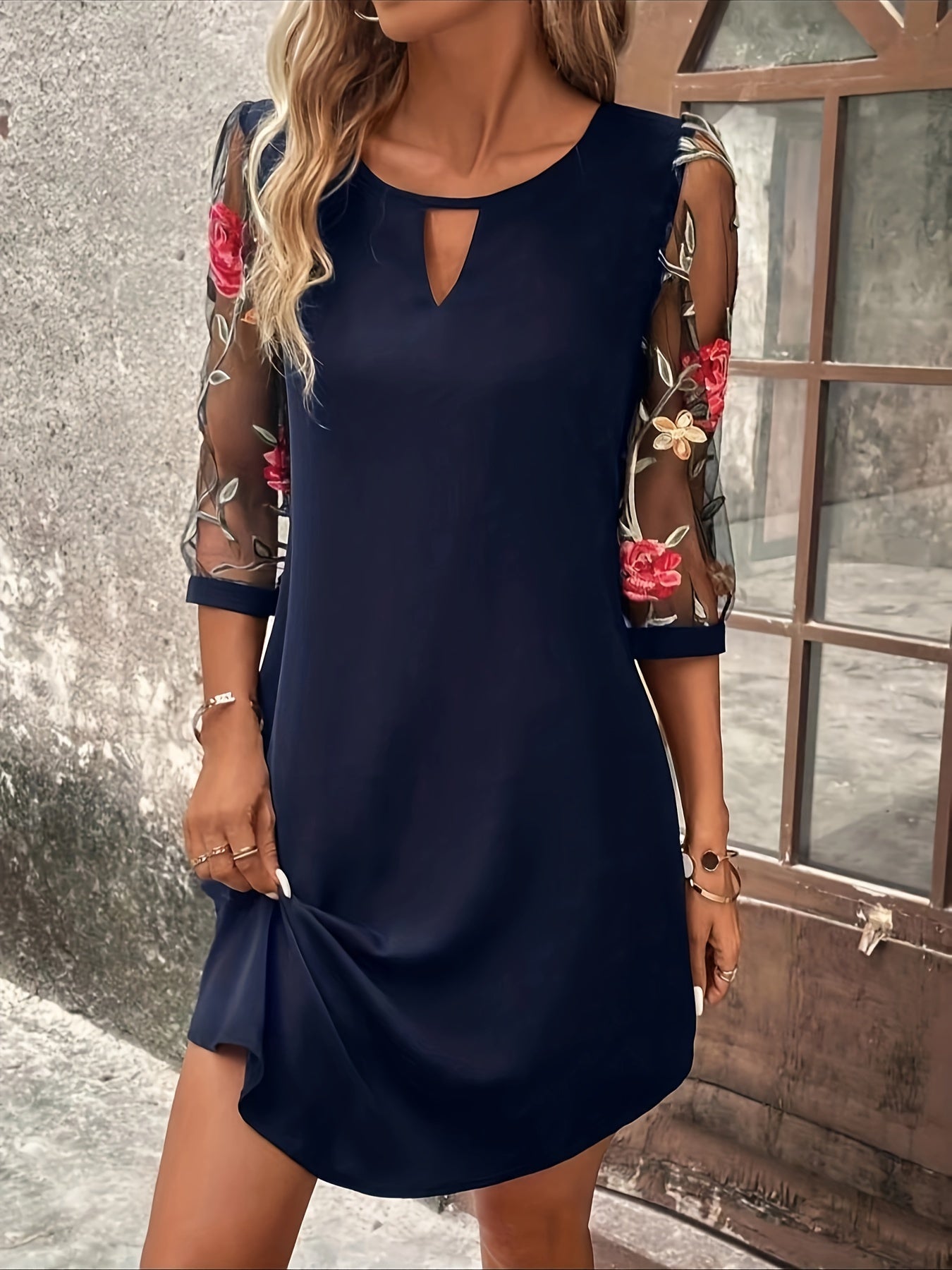 Three-quarter Illusion Sleeve Floral Dress, Casual Keyhole Crew Neck Loose Dress