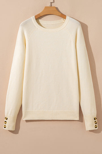 White Buttoned Bishop Sleeve Crew Neck Sweater