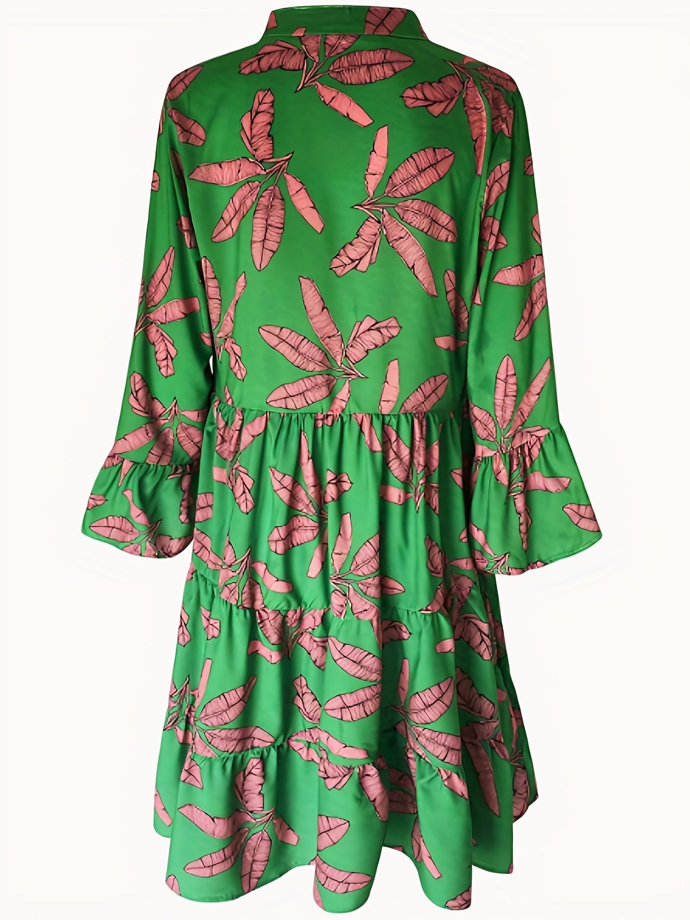 Leaves Print Tiered Long Sleeve Dress