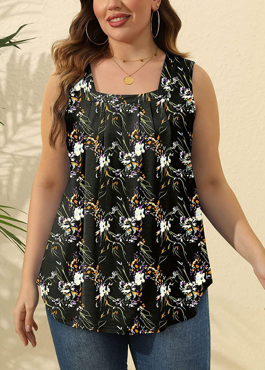 Pleated Square Neck Printed Sleeveless Vest Top