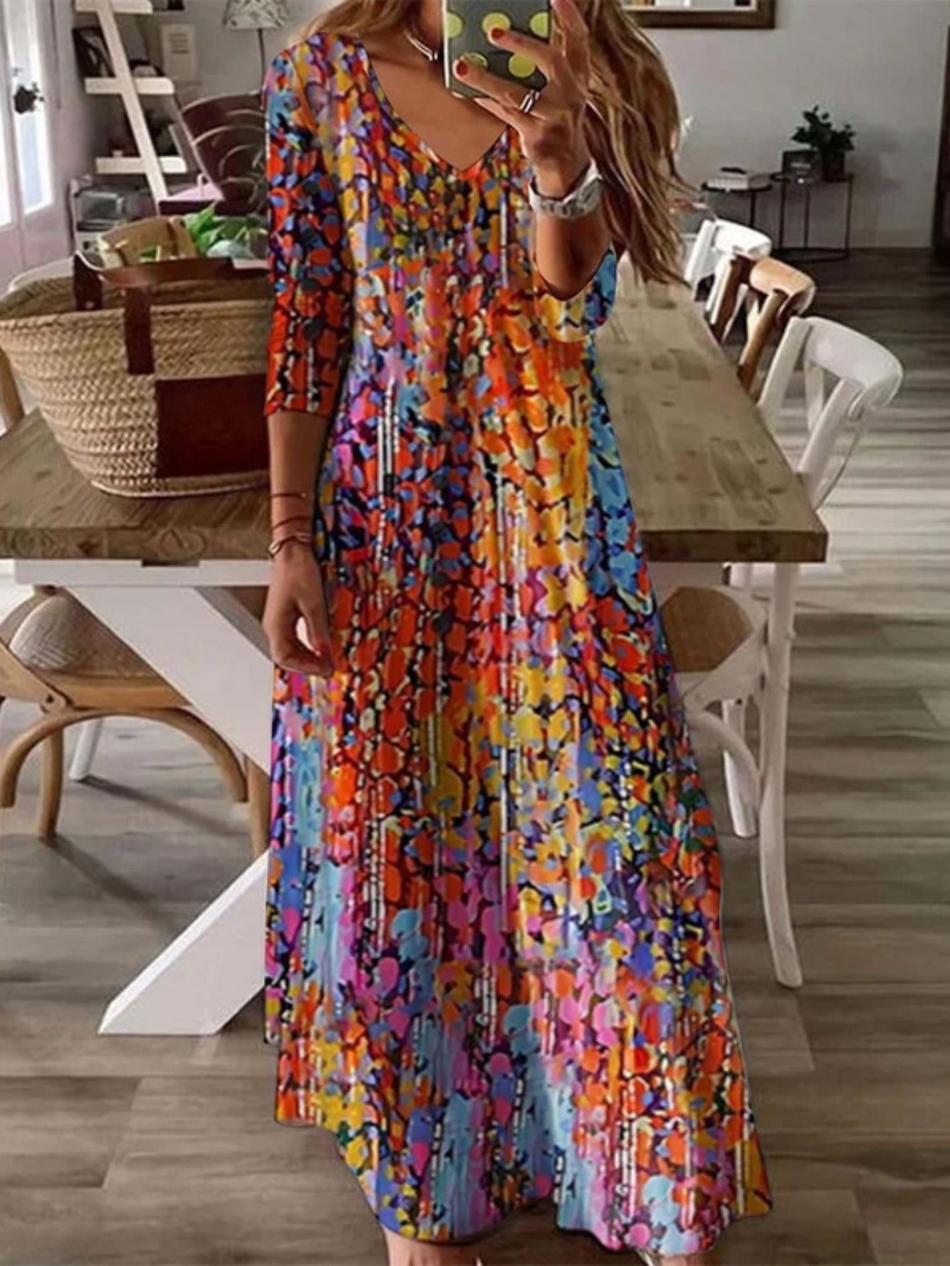 Abstract Print Dress, Casual V Neck Long Sleeve Maxi Dress