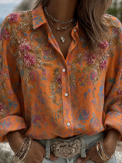 Flower Prints Shirt Collar Casual Long Sleeve Blouse