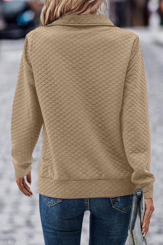 Pale Khaki Solid Half Zipper Quilted Pullover Sweatshirt