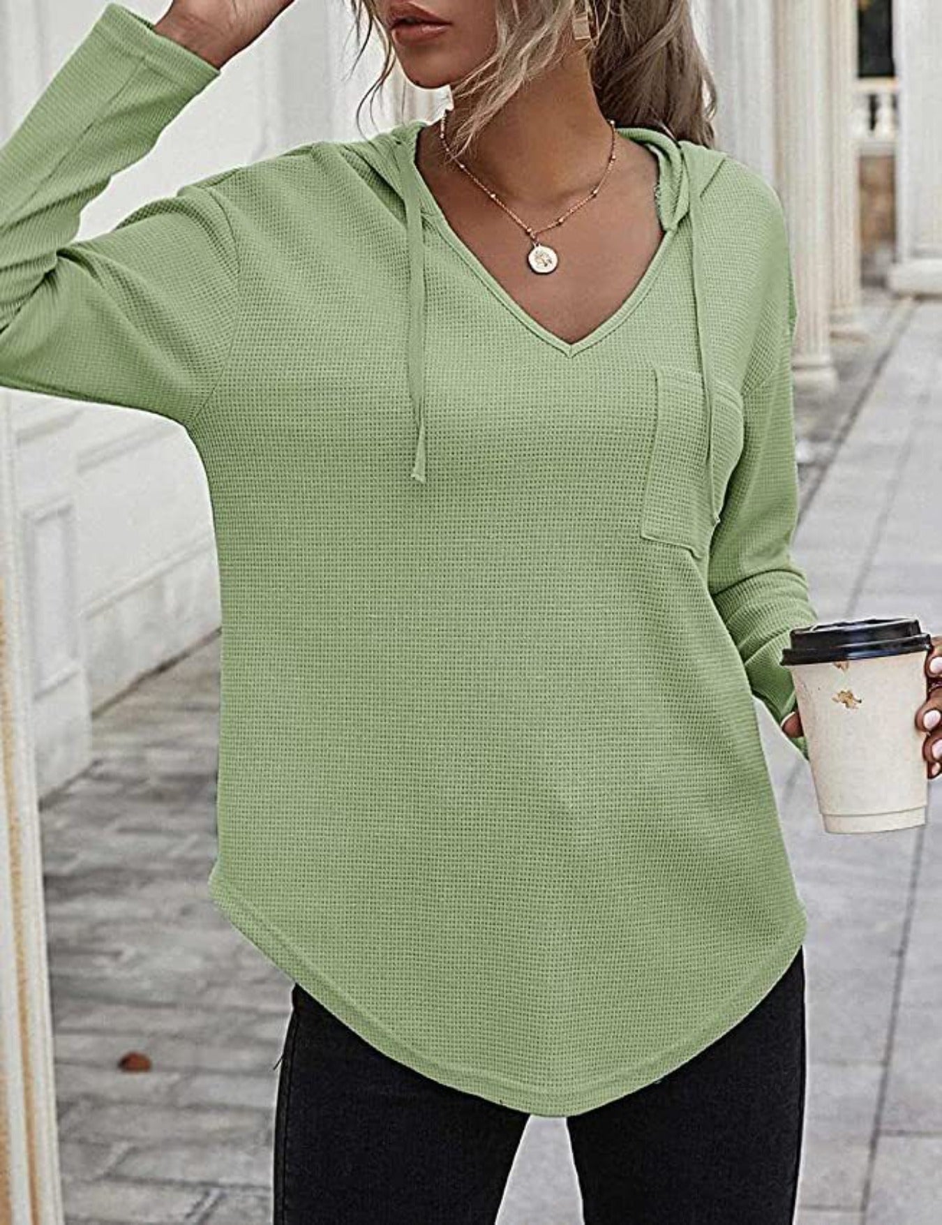 Drawstring Solid Waffle Hoodies, Casual V Neck Long Sleeve Sweatshirt With Pocket