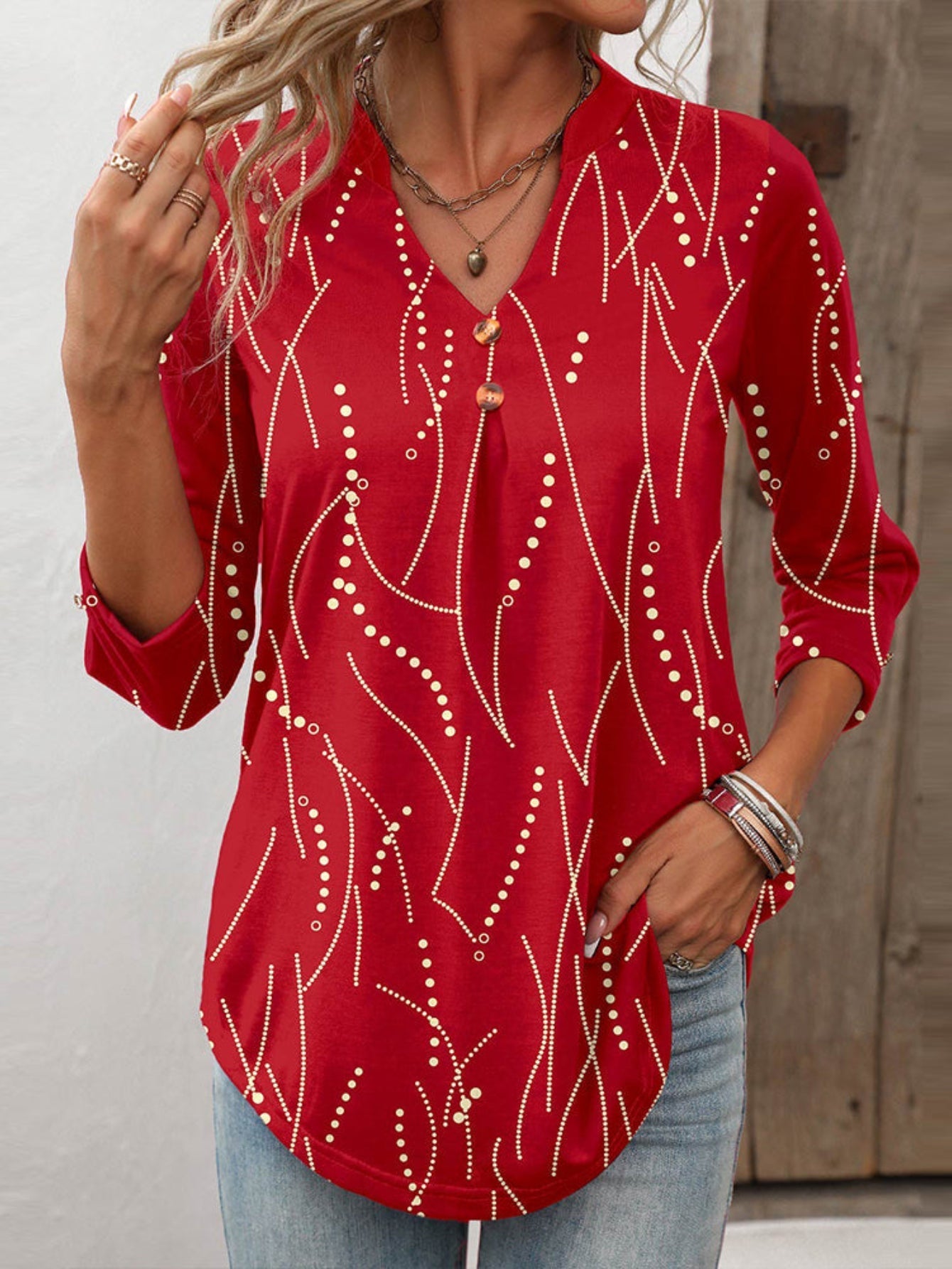 Button Print and V-neck 3/4 Sleeve Elegant Top