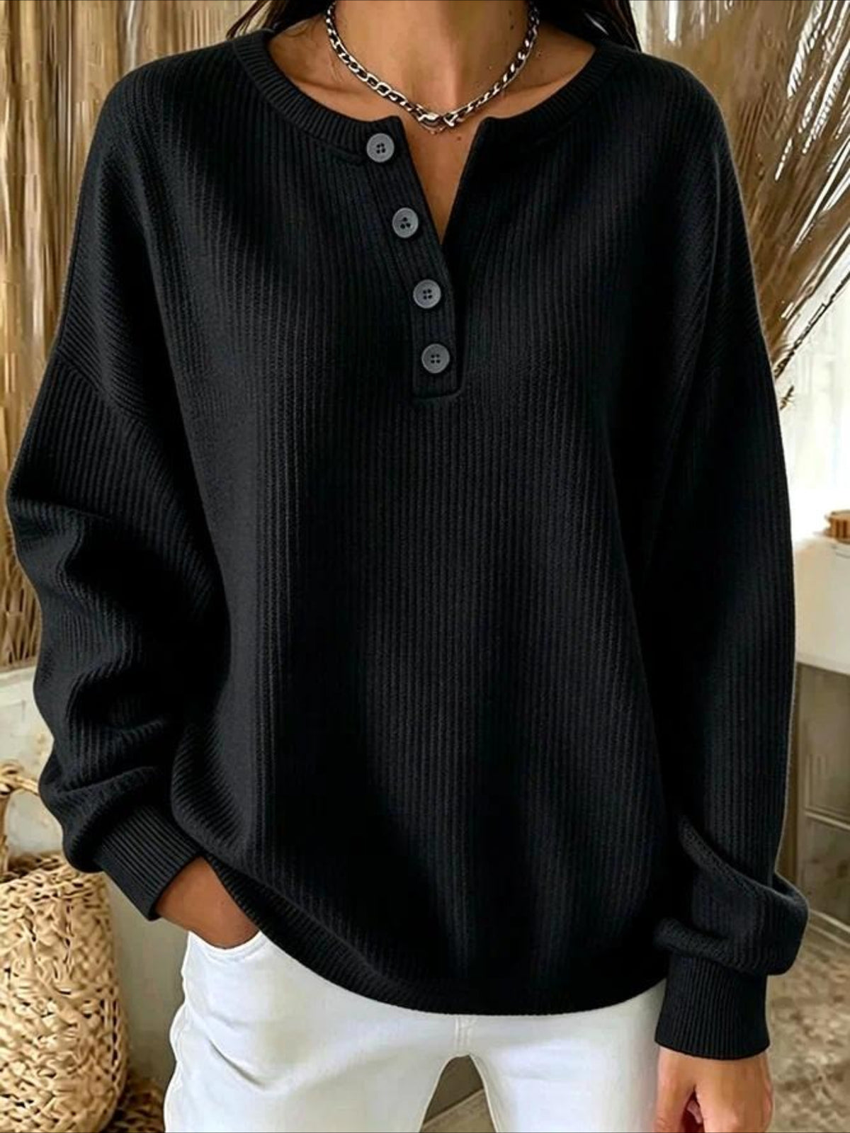Solid Color V Neck Button Long Sleeve T-Shirt