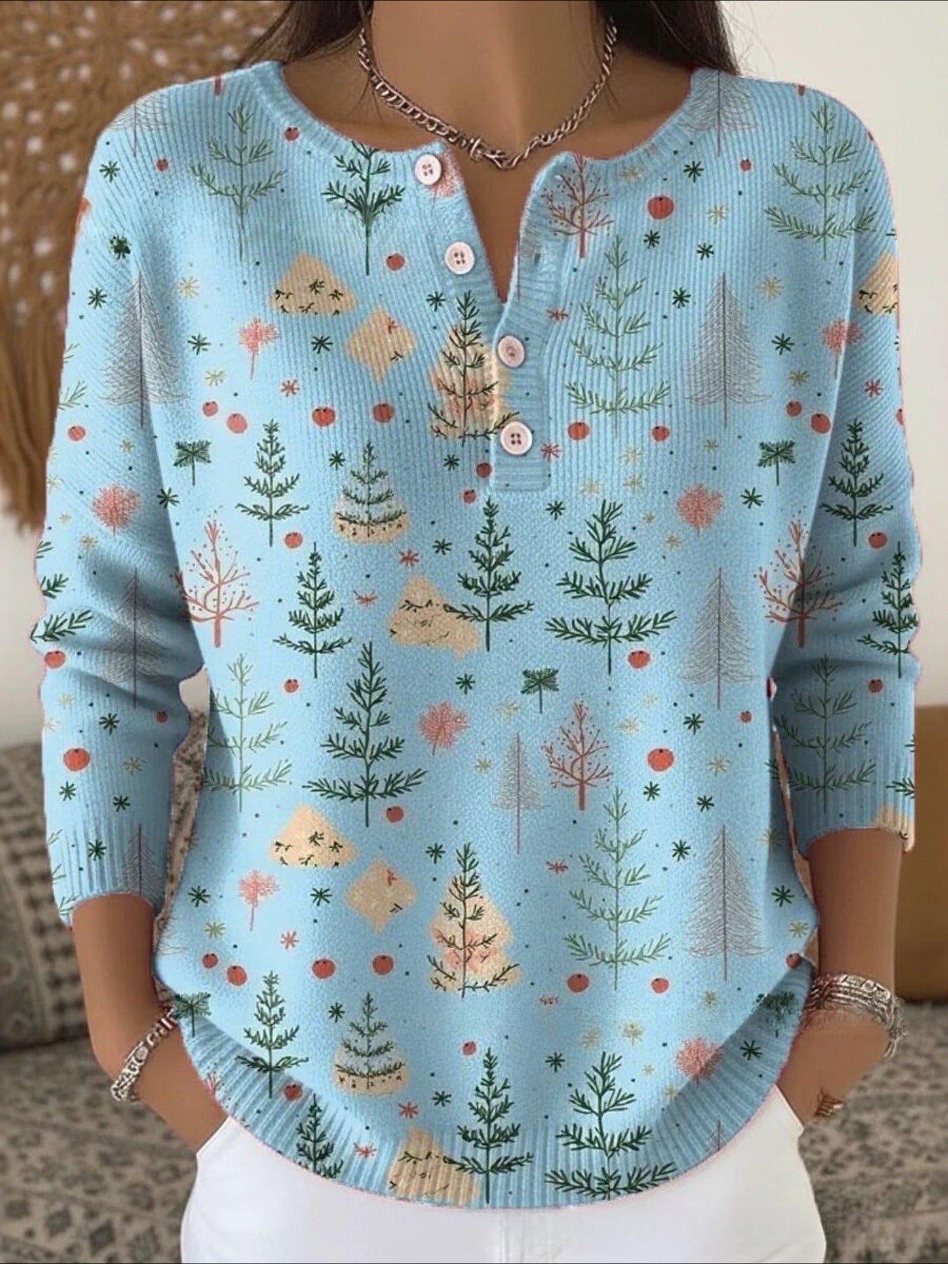 Christmas Tree Art Print Buttoned Sweater Tee