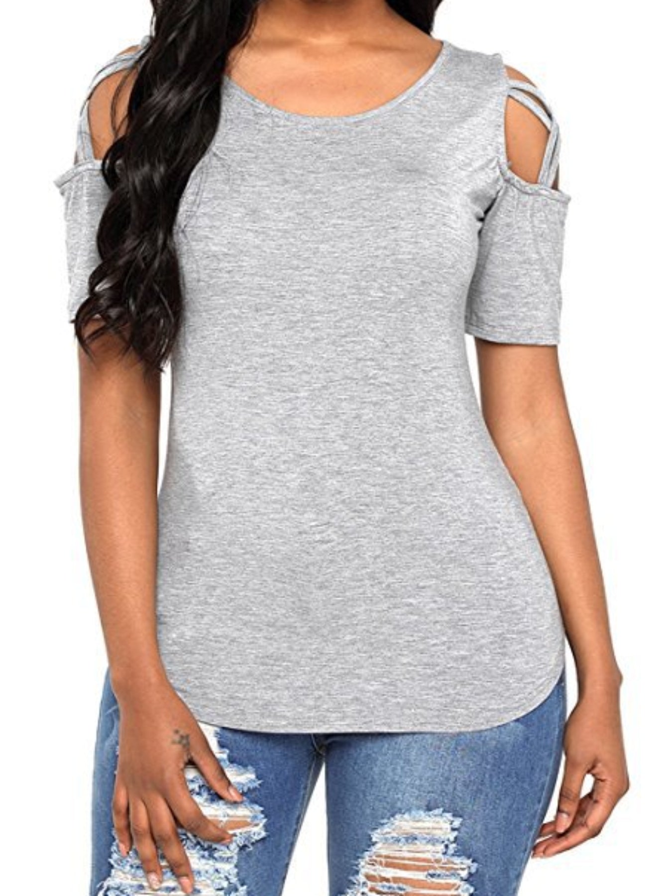 Solid Cold Shoulder T-shirt, Casual Crew Neck Short Sleeve T-shirt