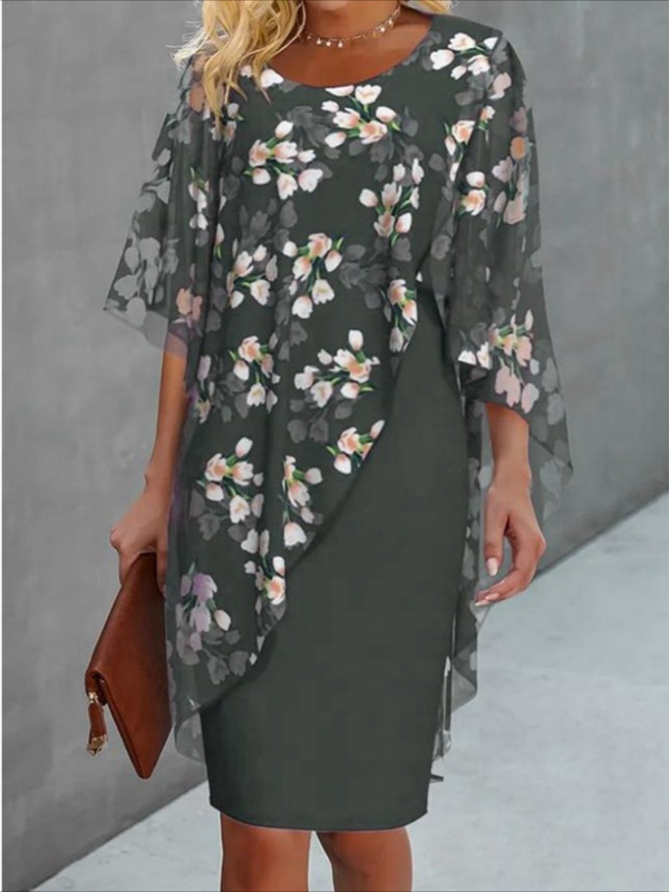 Floral Print Mesh Splicing Dress, Elegant Half Sleeve Slim Dress