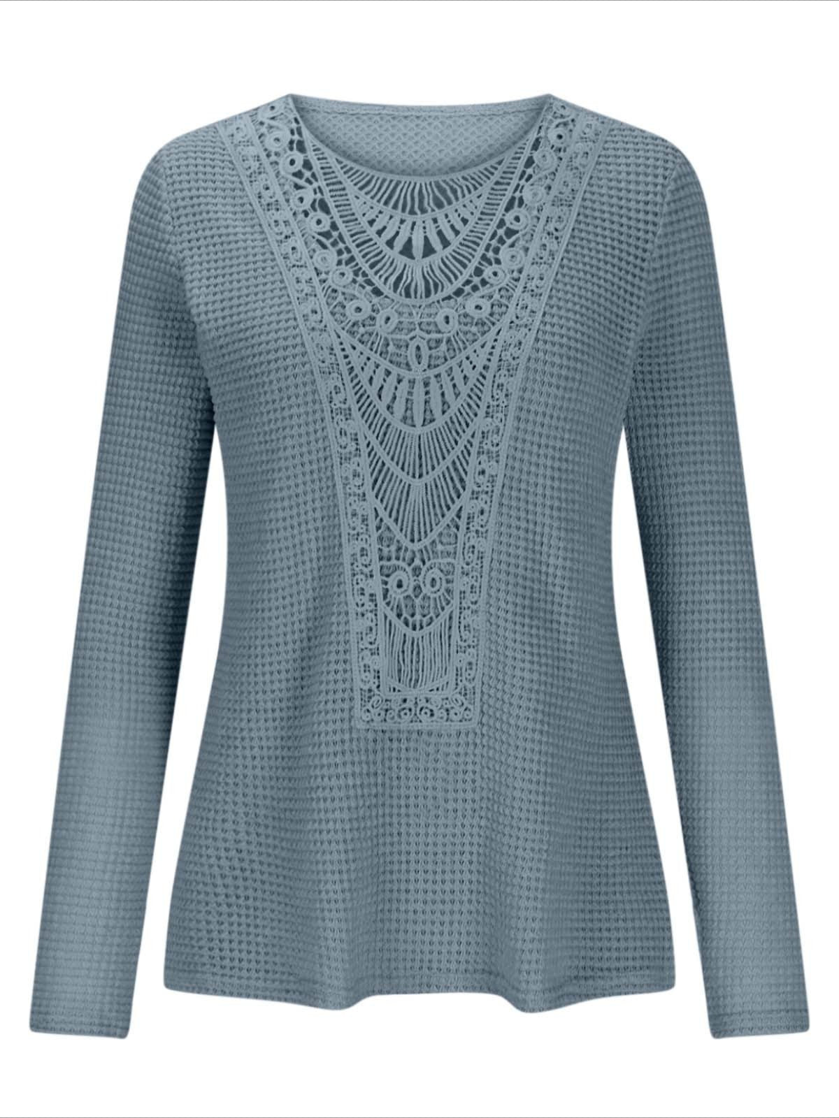 Pineapple Checked Lace Splicing Long Sleeve Solid Color T-shirt