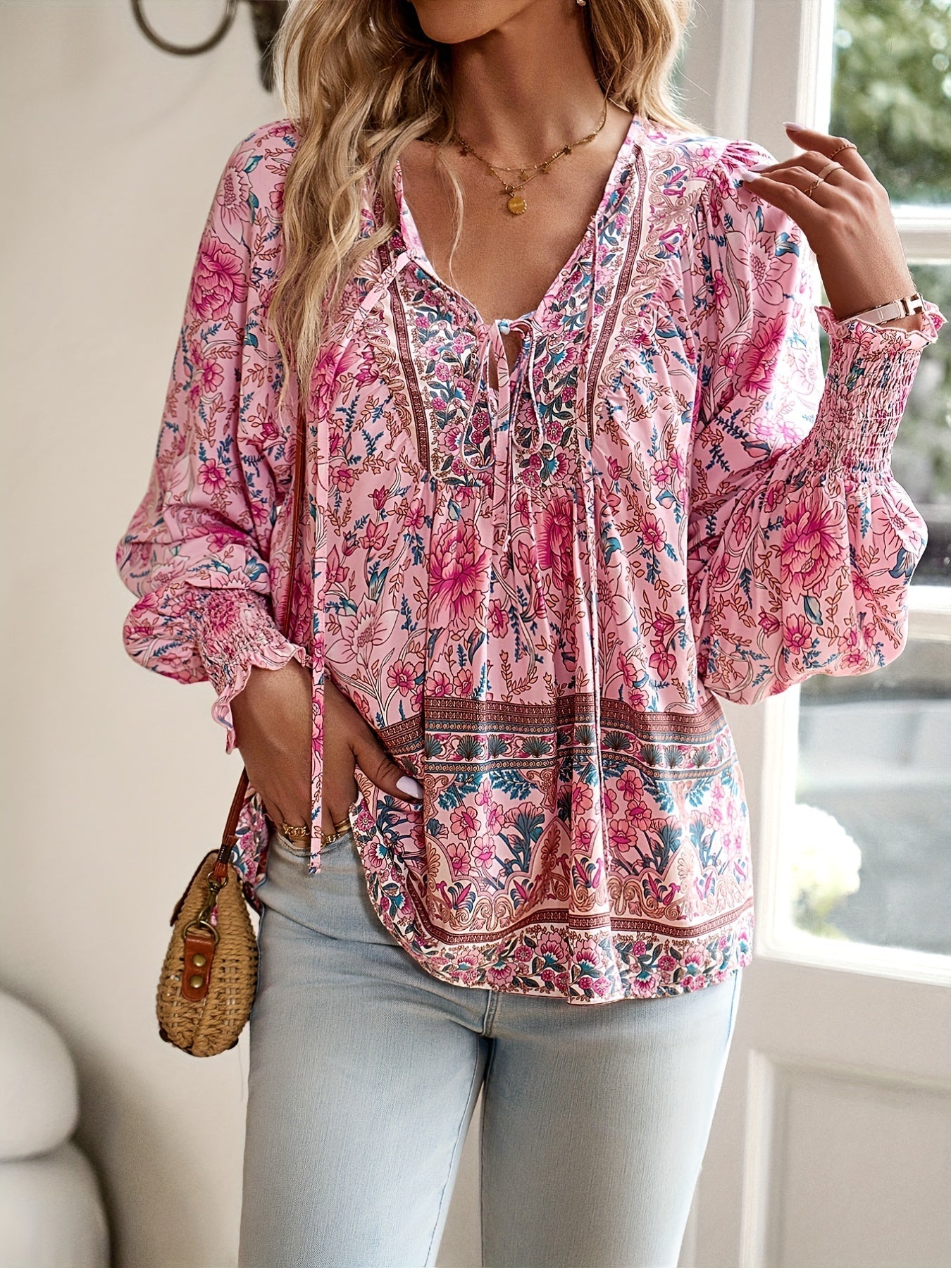 Drawstring Long Sleeve Casual Floral Print V Neck Blouse