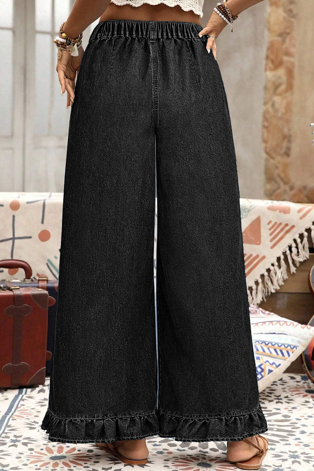 Black Plus Size Elastic Waist Ruffled Wide Leg Denim Pants