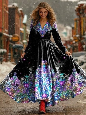 Christmas Pleated Party Long Sleeve V Neck Maxi Dress