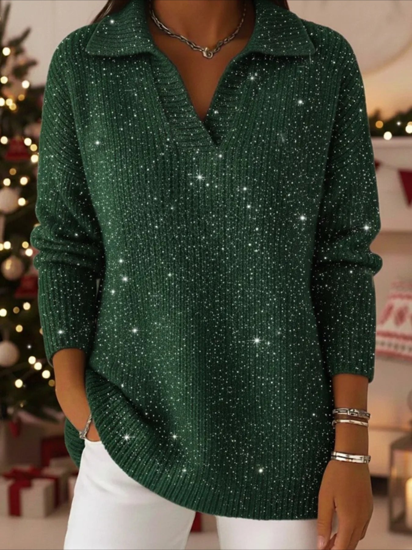 Gradient Color Party Polo Collar Shiny Loose Sweater Top