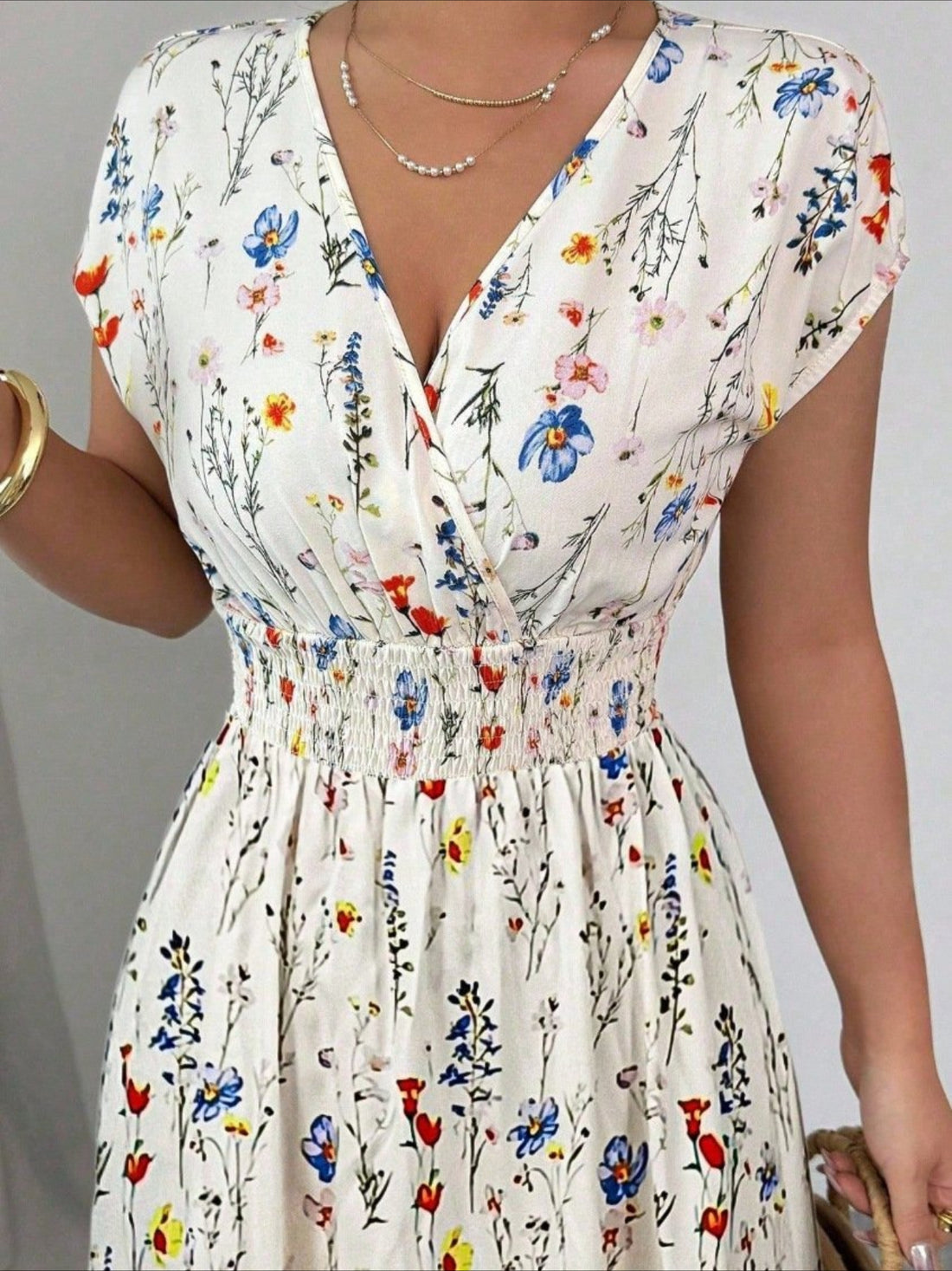 Floral Summer V Neck Short Sleeve A-Line Dress