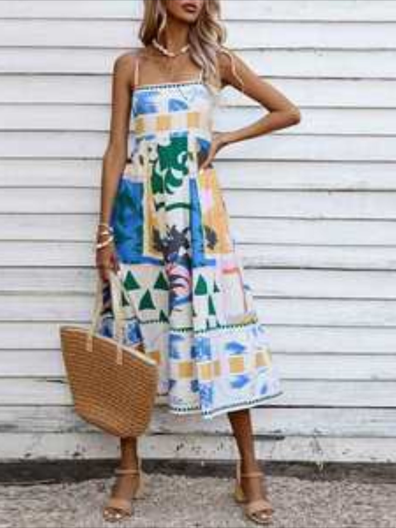 Cartoon Drawstring Print Shirred Cami Dress, Elegant Sleeveless Spaghetti Strap Dress