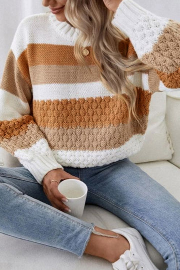 Chestnut Striped Cable Knit Drop Shoulder Sweater