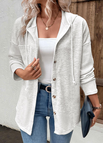 Gray Button Up Contrast Knitted Sleeves Hooded Jacket