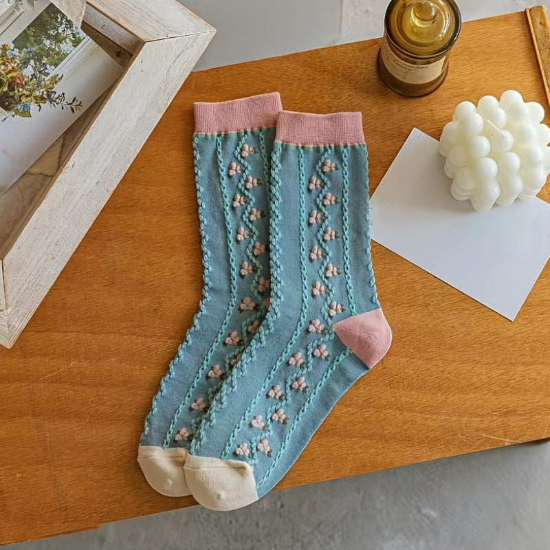 4pairs Floral Socks Set, Women Cute Flower Geometric 3D Textured Ankle Cotton Blend Cottagecore Lucky Socks