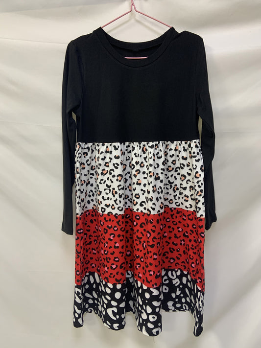 Leopard Print Color Block Dress, Casual Crew Neck Long Sleeve Dress