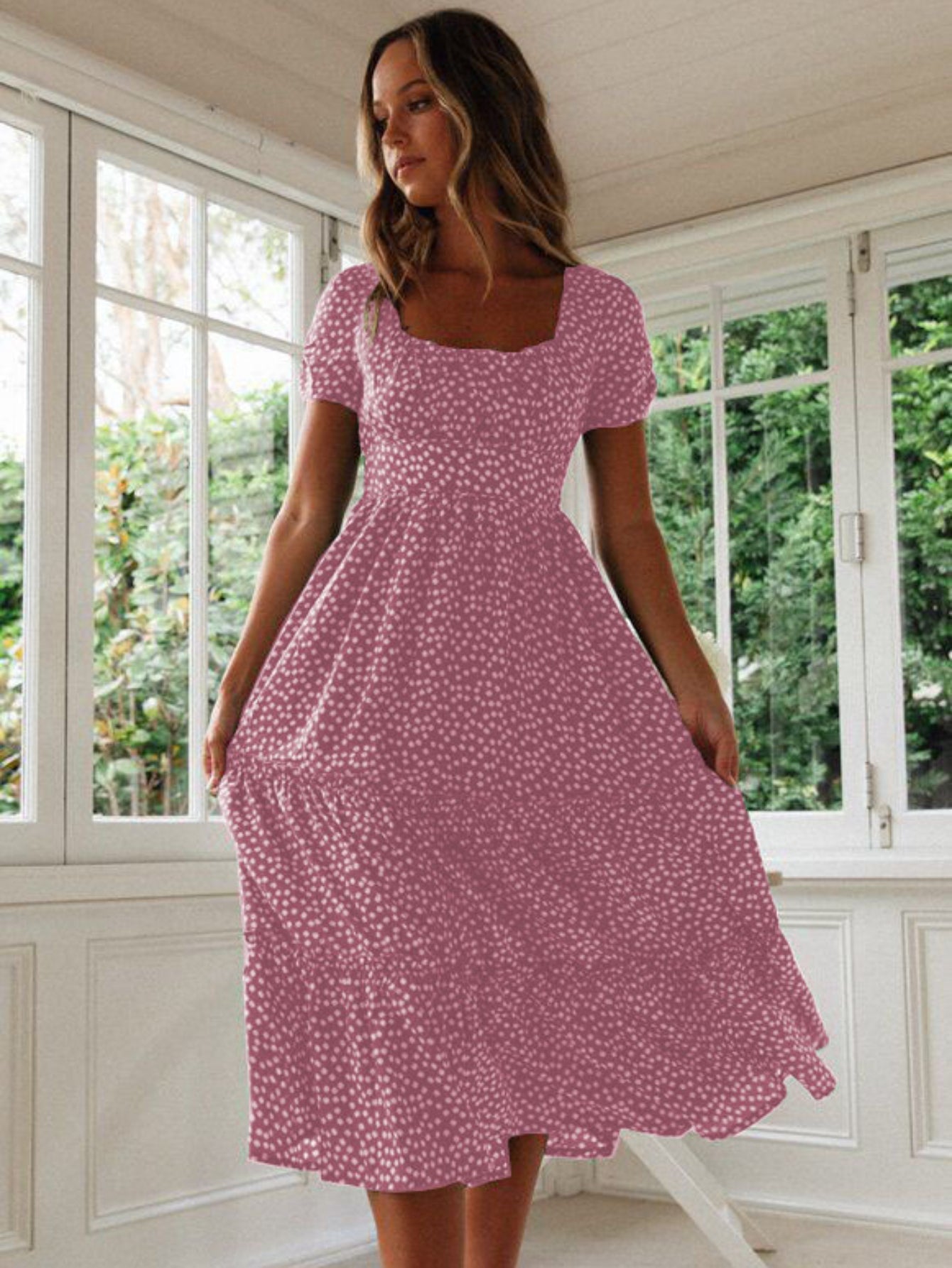 Polka Dot Ruffle Hem Dress, Casual Square Neck Short Sleeve Dress