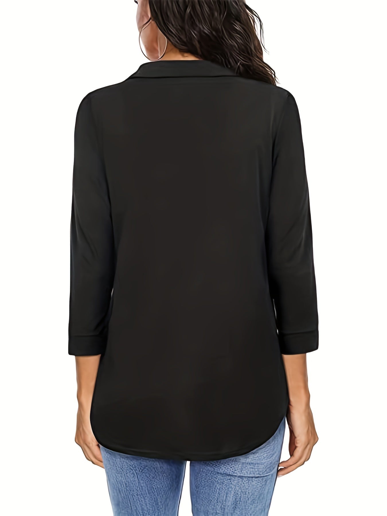 Solid V-neck Blouse, Casual 3/4 Sleeve Blouse