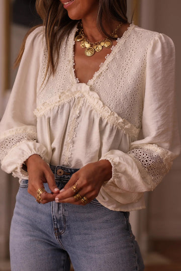 White Solid Color Floral Guipure Lace Patchwork Frilled Long Sleeve Blouse