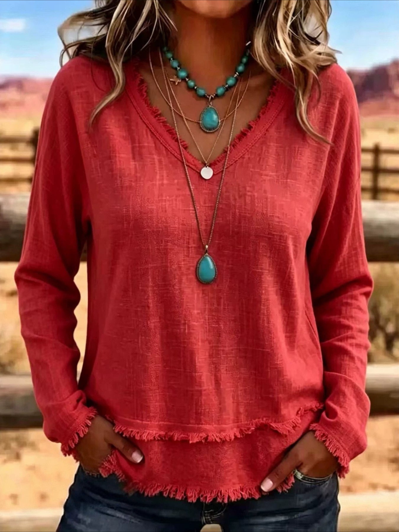 Solid Color Loose V Neck Beard Edge Long Sleeve T-shirt