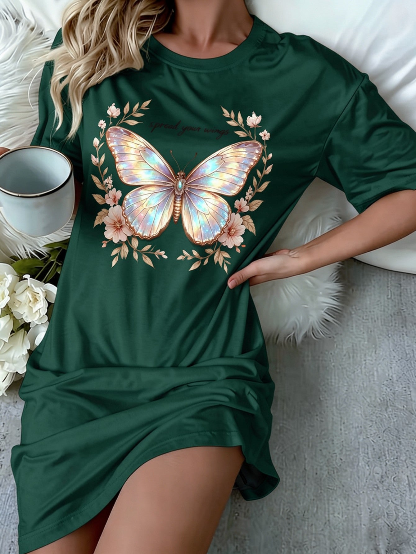 Trendy Glowing Butterfly Fantasy Art Short Sleeve Crew Neck Graphic Shirt Dress