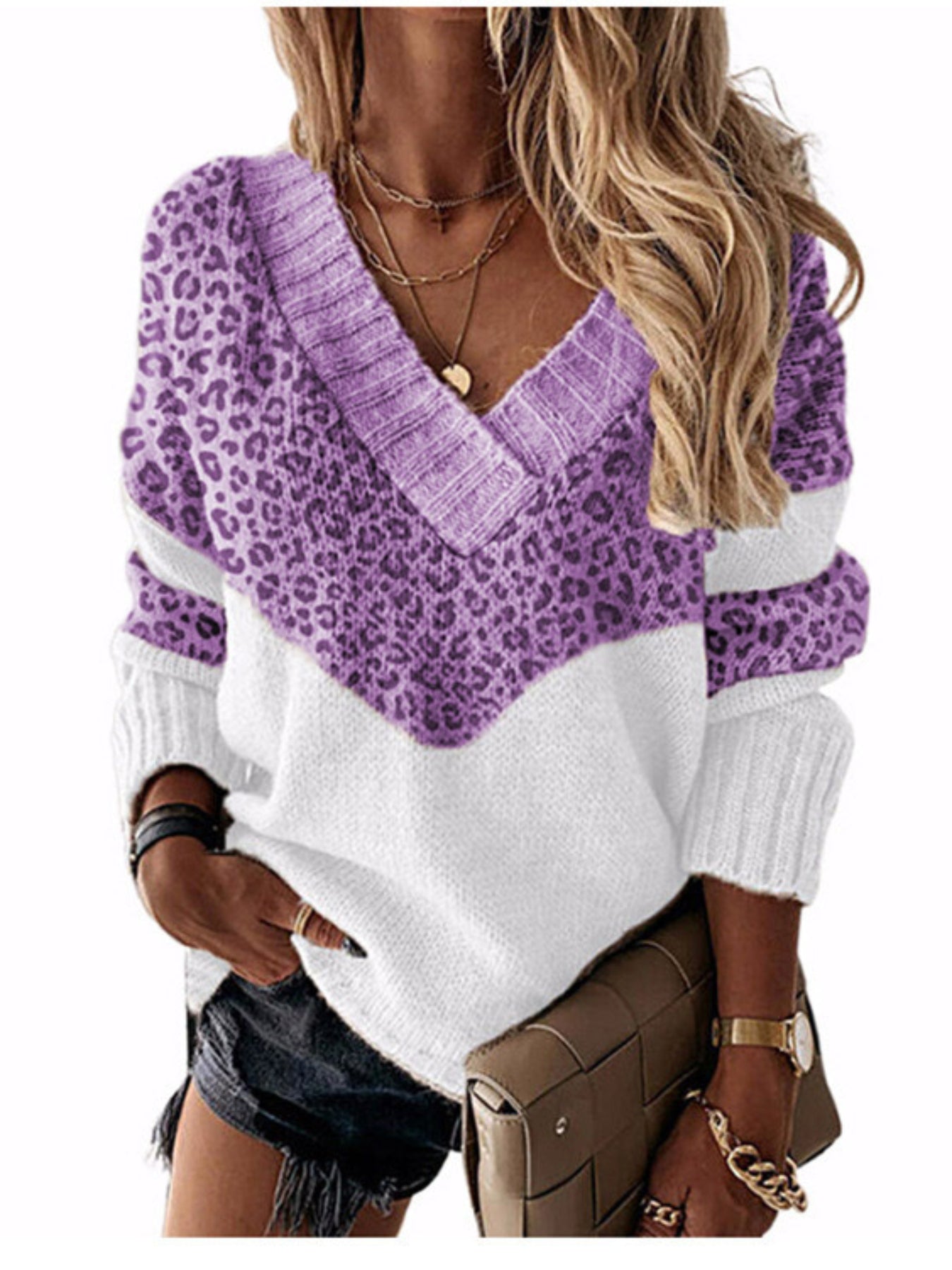 Color Block Simple Knit Sweater, Casual V Neck Long Sleeve Sweater