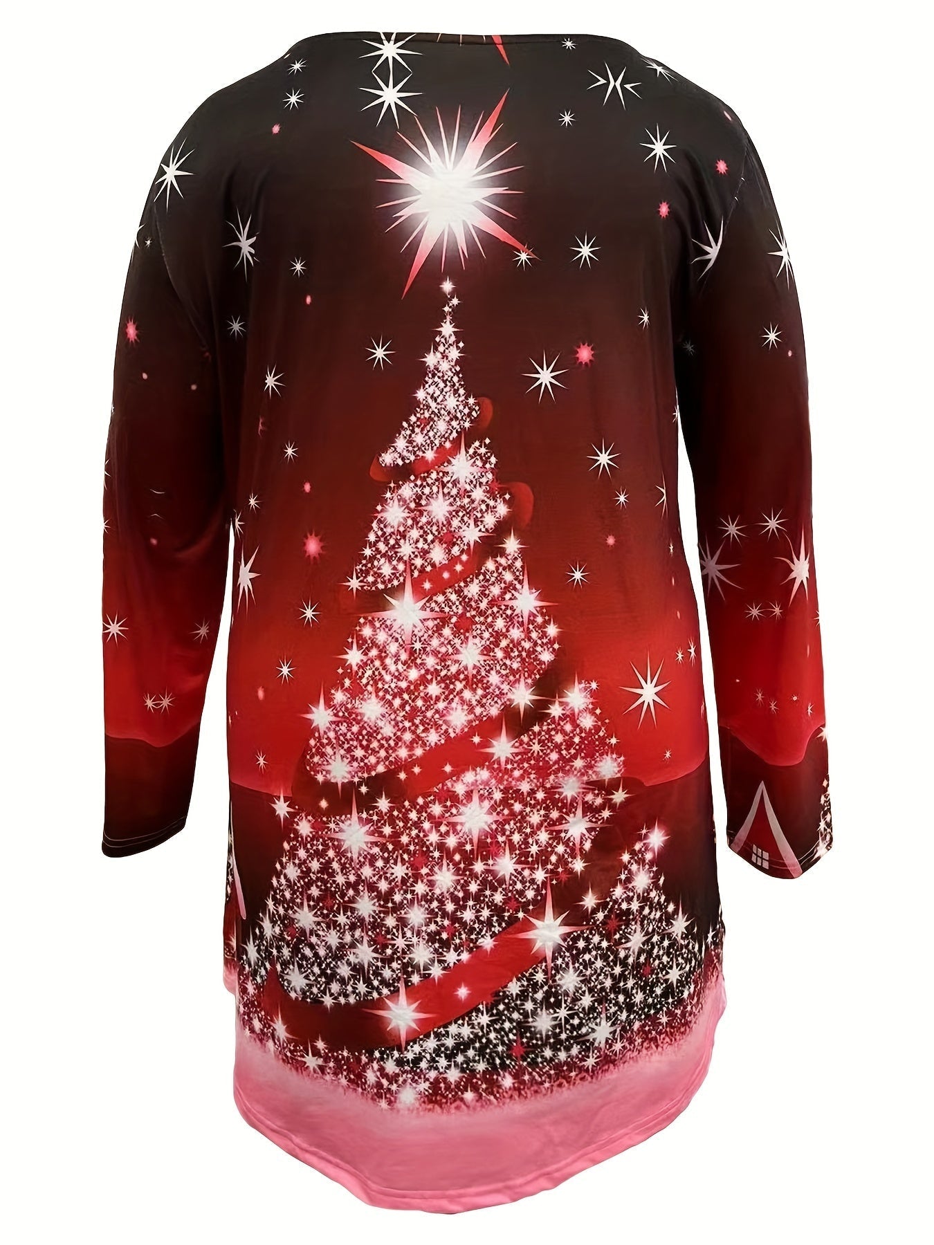 Christmas Casual Top, Women's Tree Print Long Sleeve Round Neck Medium Stretch Tunic Top