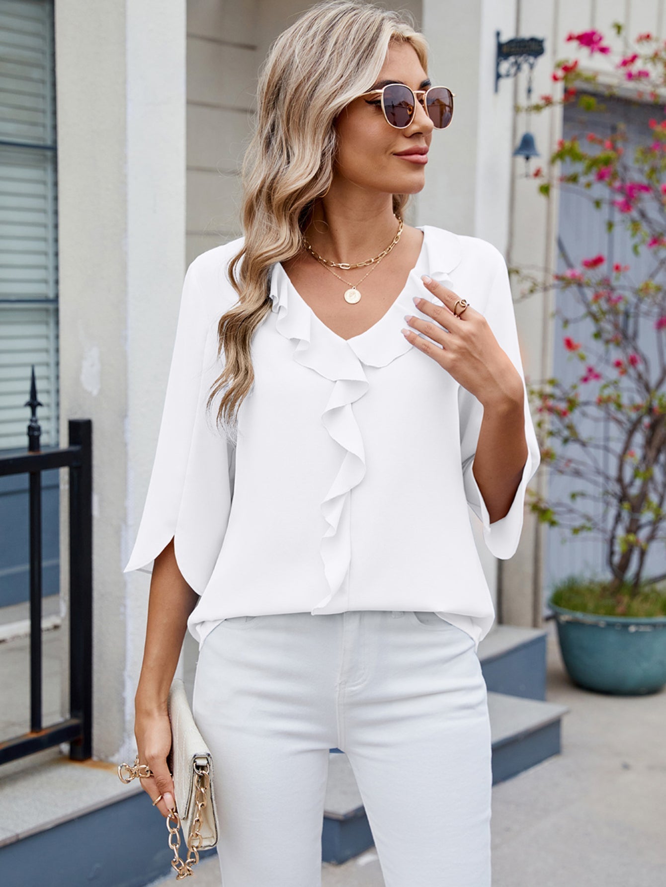 Tooluck Womens Dressy Casual Blouses 3/4 Sleeve V Neck Ruffle Tops