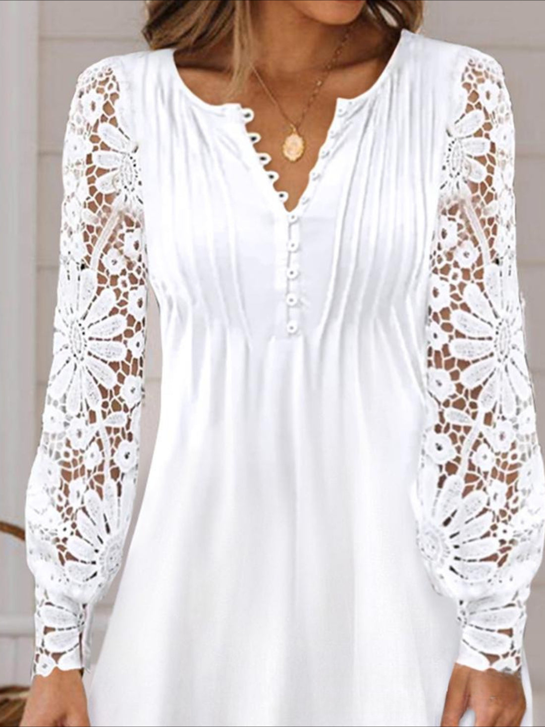 Women's Lace Button Date Vacation Elegant Split Neck Long Sleeve Lantern Sleeve Mini Dress