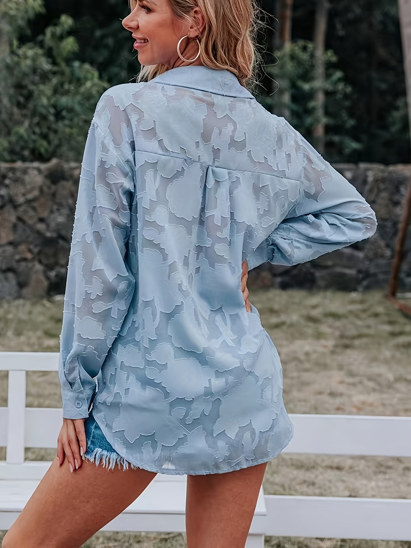 Jacquard Button Up Sheer Loose Blouse, Elegant Long Sleeve Blouse For Spring & Fall, Women's Clothing