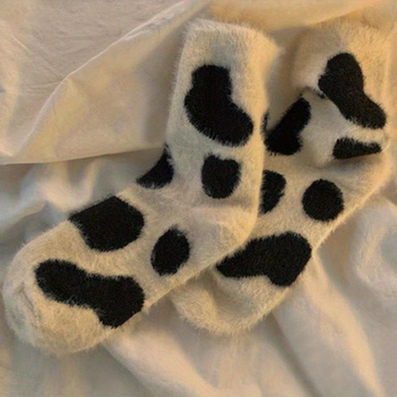 Cute Cow Spots Print Socks, Thickened & Warm Coral Fleece Socks
