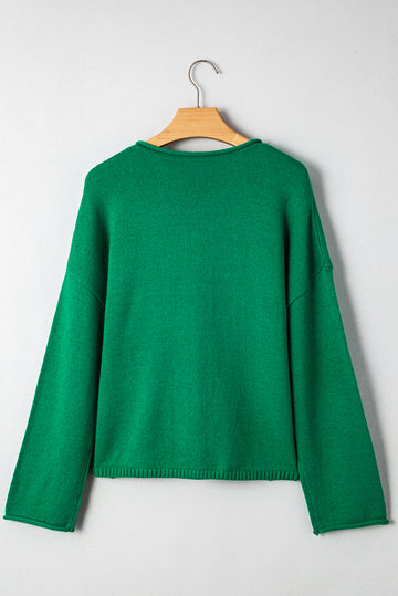 Bright Green Solid Color Knit Button Drop Shoulder Sweater Cardigan