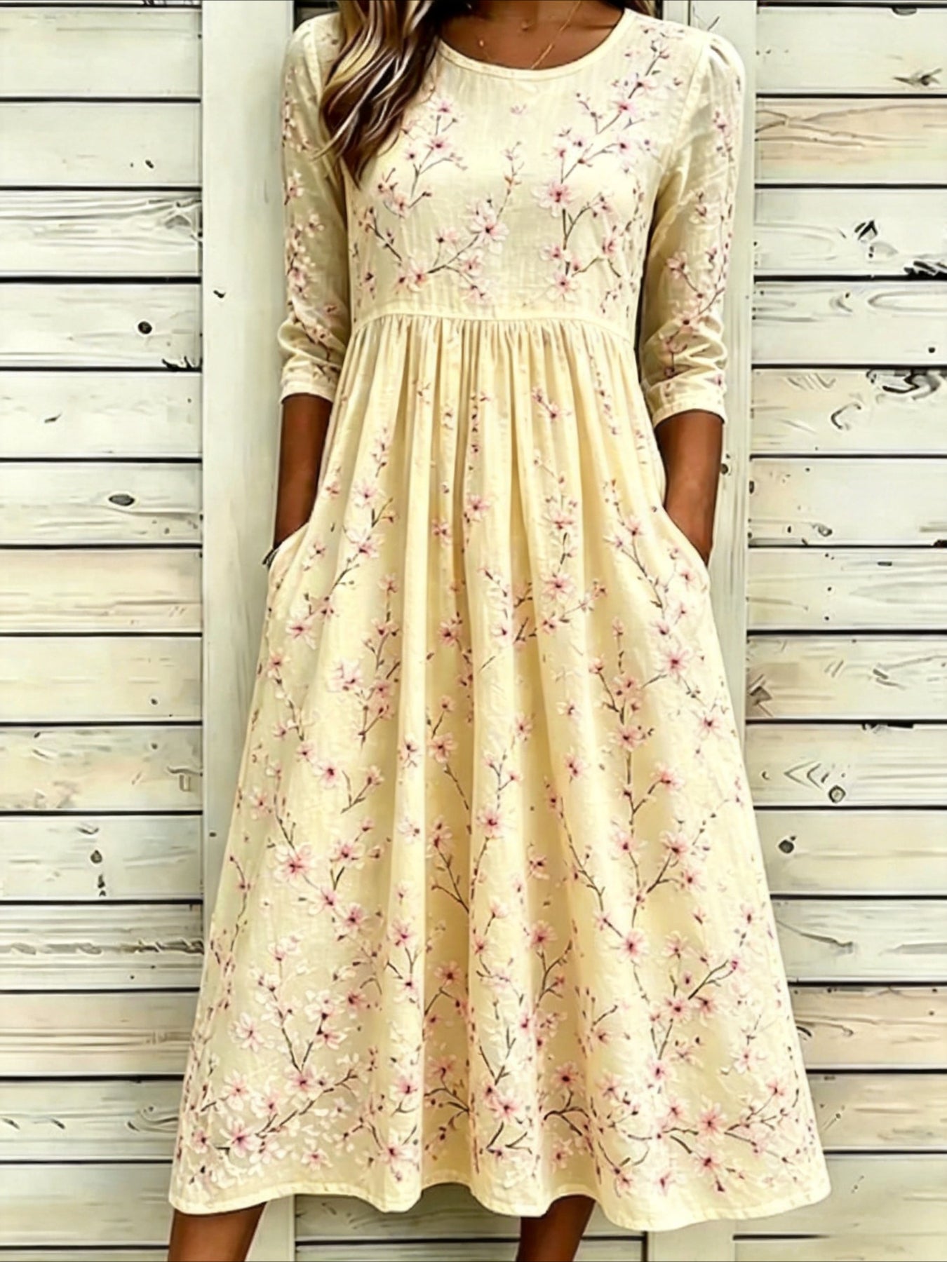 Flower Casual Round Neck Half Sleeve Mid Dress