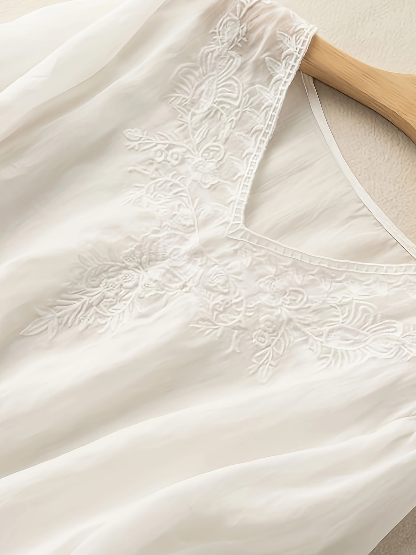 Floral Embroidery V Neck T-shirt, Vintage Half Sleeve Cotton Loose T-shirt
