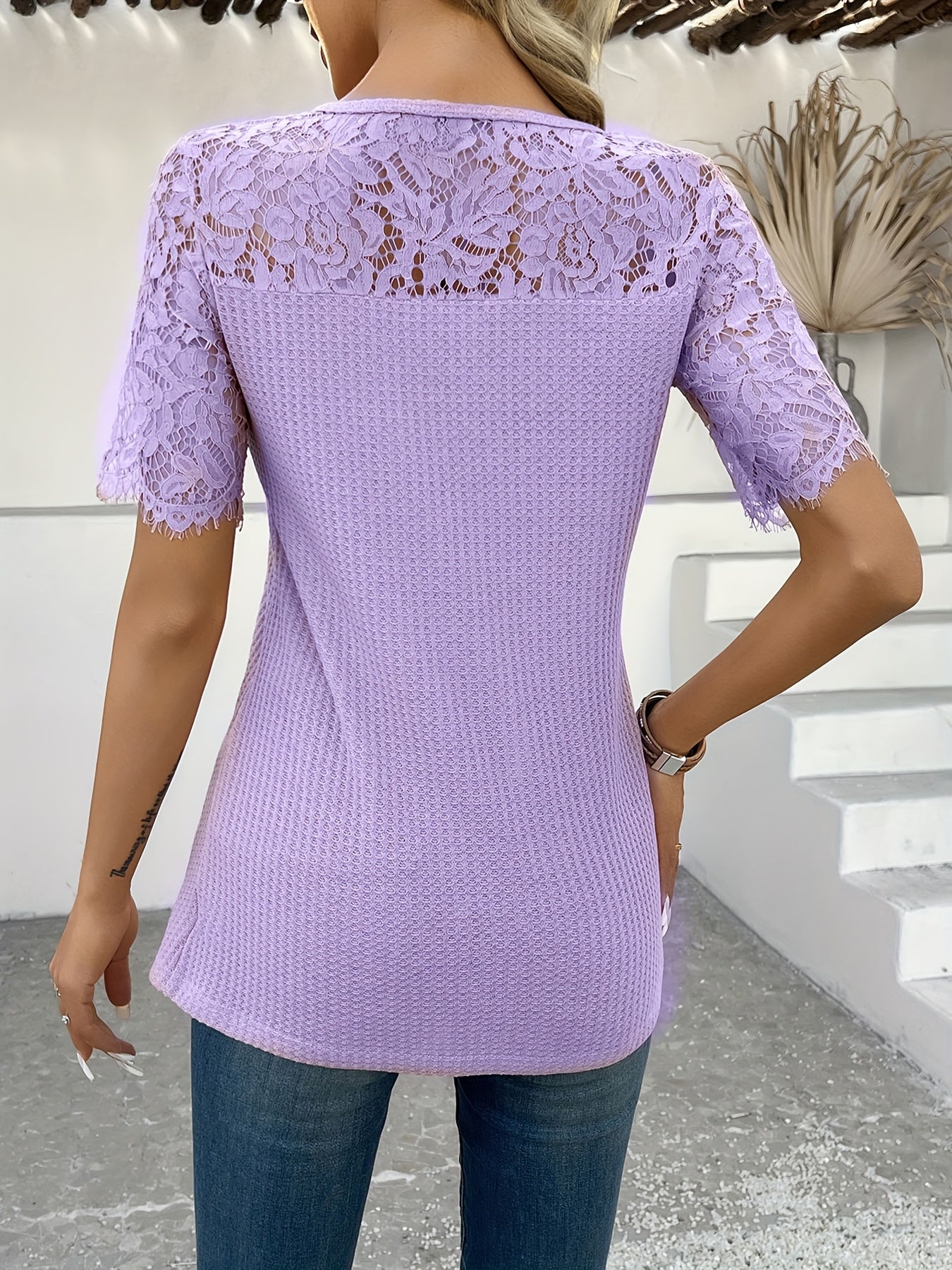 Contrast Lace Embroidery Solid Color Short Sleeve Elegant Casual Beach Vacation T-Shirt