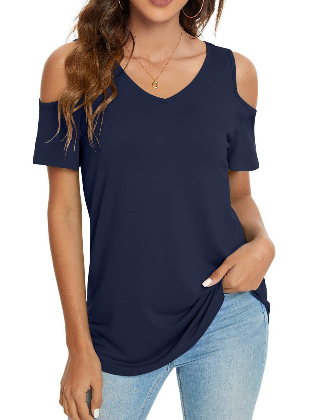 Cold Shoulder V Neck T-Shirt, Casual Short Sleeve T-Shirt