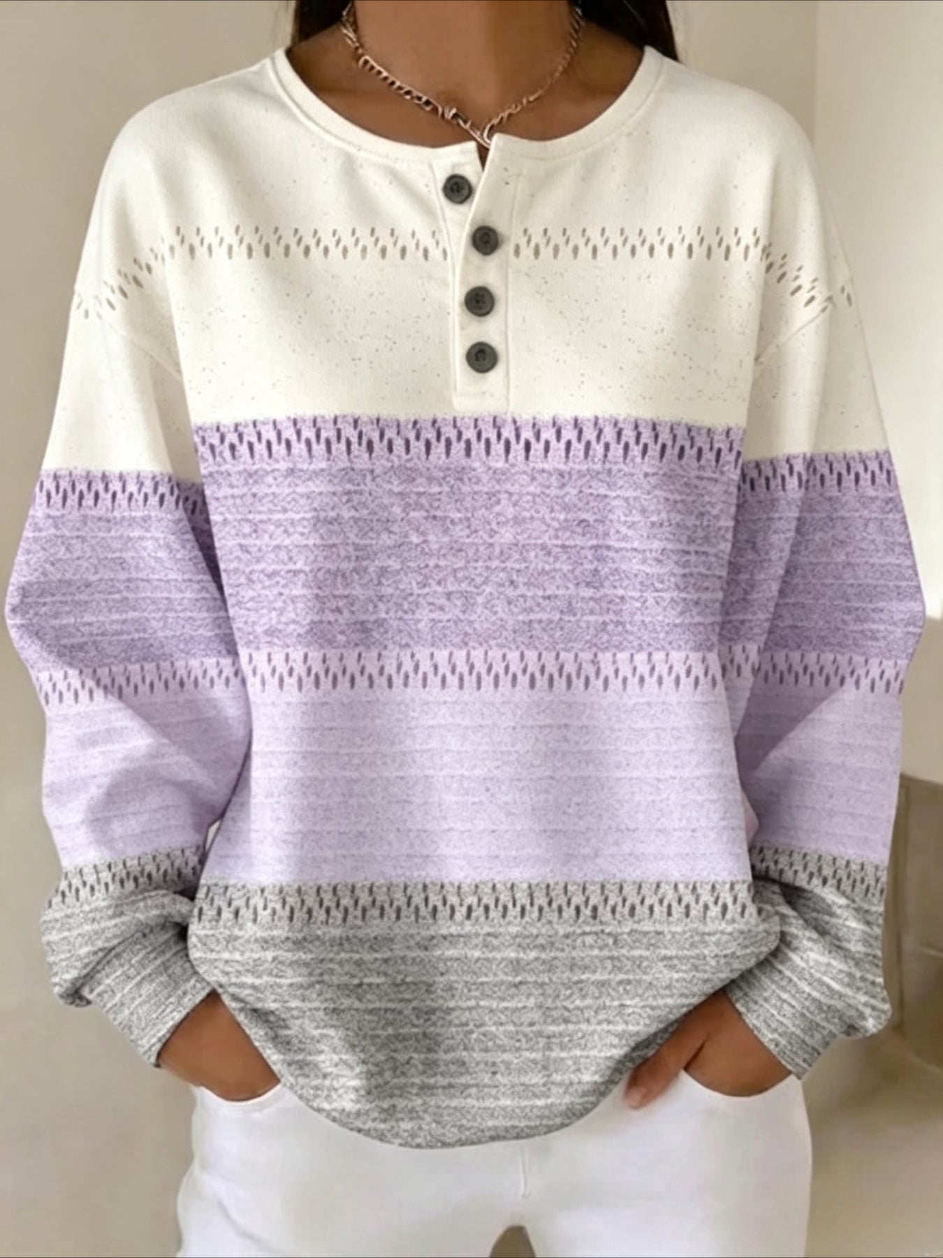 Pullover Loose 4 Button Minimalist Geometric Top