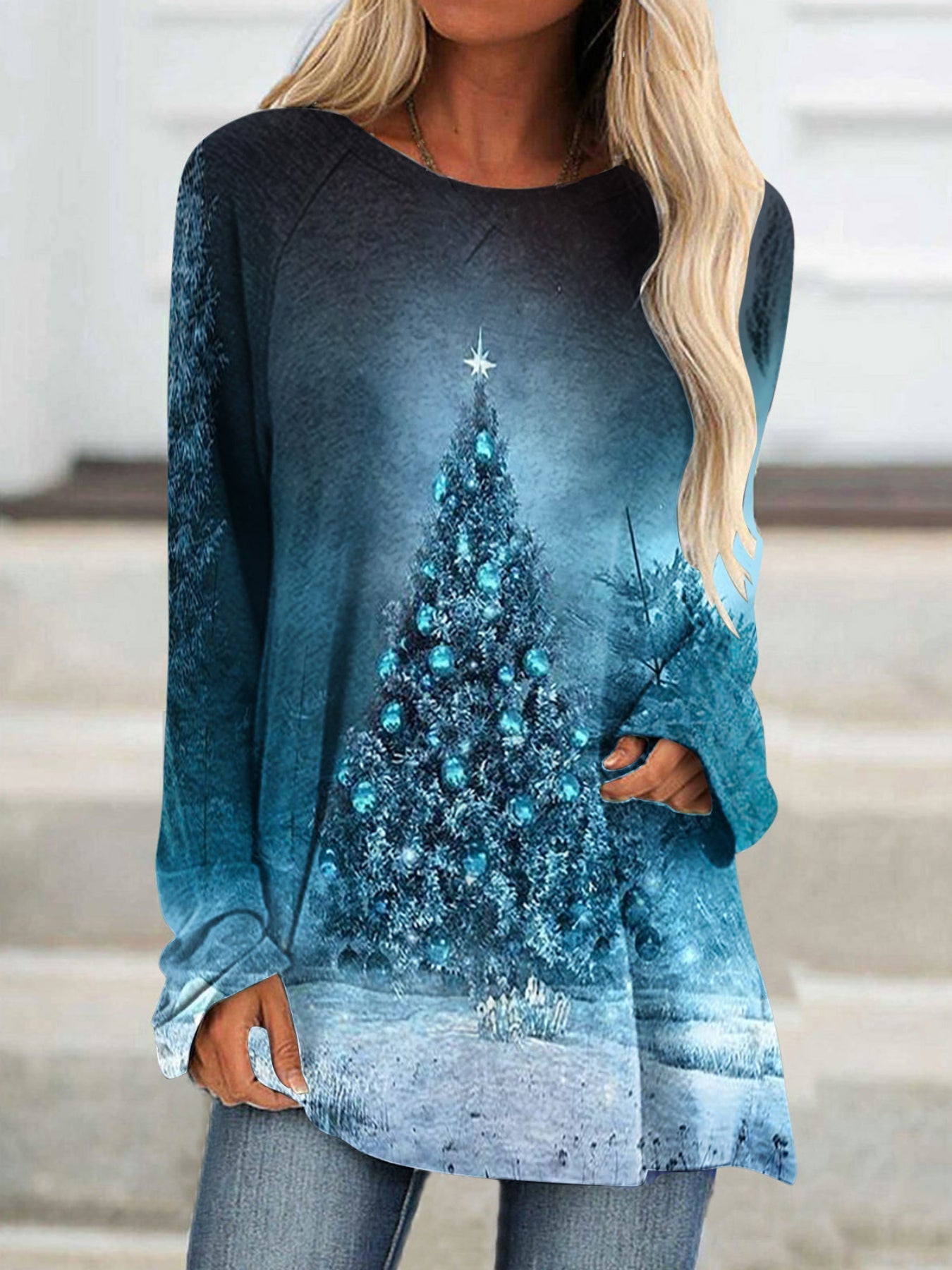 Christmas Casual Top, Women's Tree Print Long Sleeve Round Neck Medium Stretch Tunic Top
