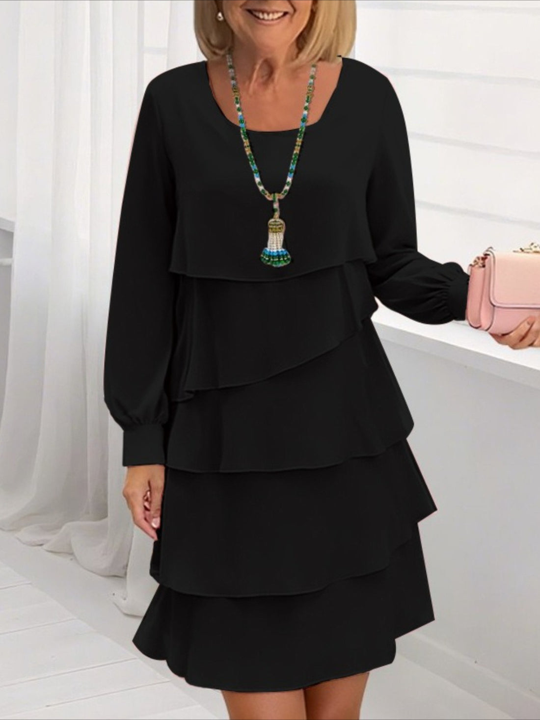 Elegant Round Neck Flared Hem Long Sleeves Tiered Midi Dress